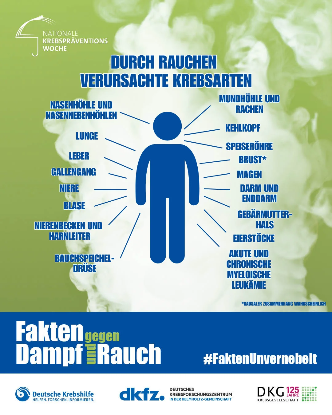 Infografik der Nationalen Krebspräventionswoche: Silhouette einer Person, umgeben von Krebsarten, die durch Rauchen verursacht werden