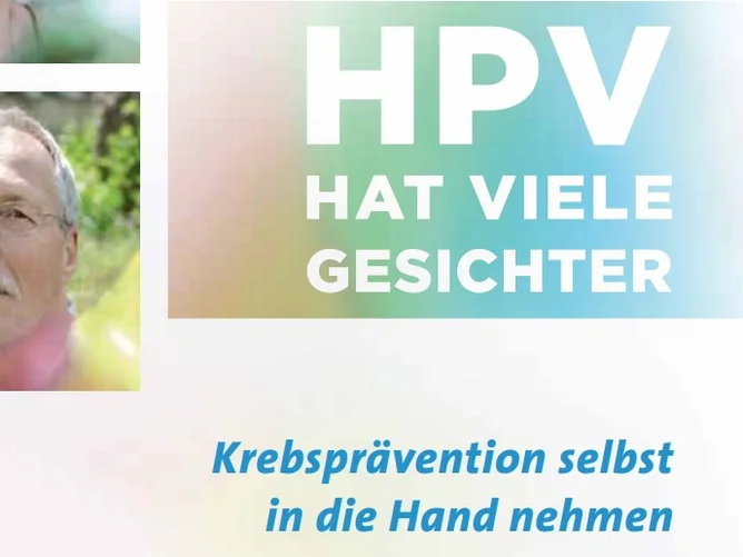 Cover einer Broschüre zur HPV-Prävention mit dem Titel „HPV hat viele Gesichter“, Porträtfotos betroffener Personen und dem Slogan „Krebsprävention selbst in die Hand nehmen“.